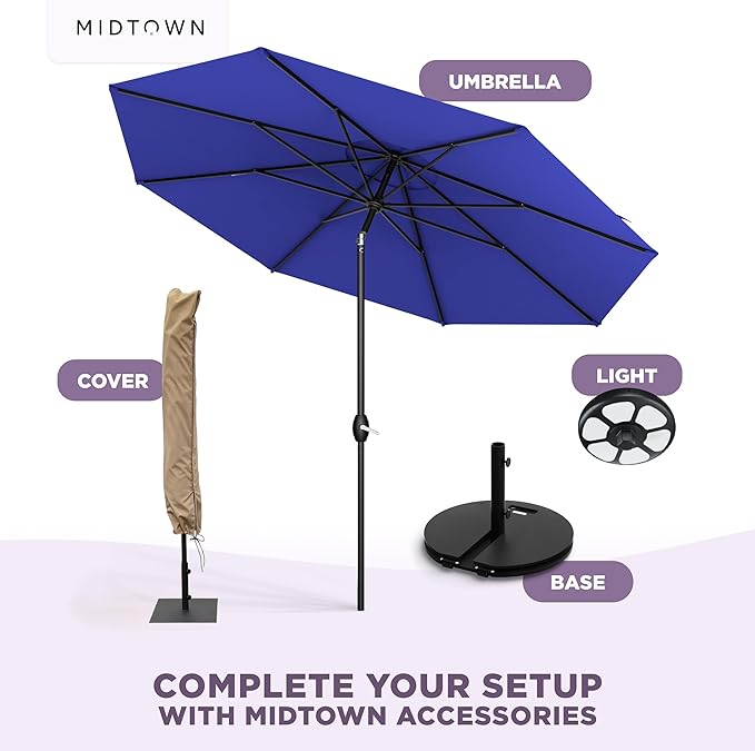 Midtown Umbrellas - 10-Year-No-Fade 9 Ft Patio Umbrella with Terylast Fabric, Auto-Tilt Aluminum Frame and 8 Reinforced Ribs for Deck, Pool, Garden & Beach - Midnight Blue Canopy, Black Pole