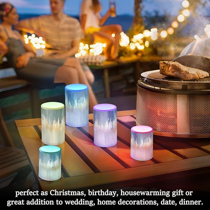 Abstract Oil Painting in Blue Flameless Candles Color Changing LED Candles with Remote Control Battery Candles for Outdoor and Indoor Home and Room Decoration, 3'' x 4''/5'' Set of 2 Pieces