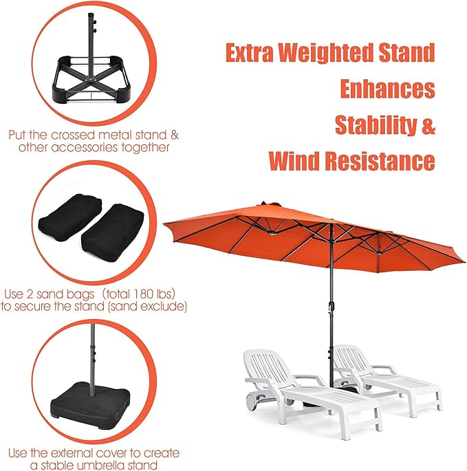 Tangkula 15FT Double-Sided Patio Umbrella, Outdoor Market Umbrella W/Hand-Crank System & Enhanced Base, Ultra-Large Twin Garden Umbrella W/ 12-Rib Structure for Residential & Commercial Use (Orange)