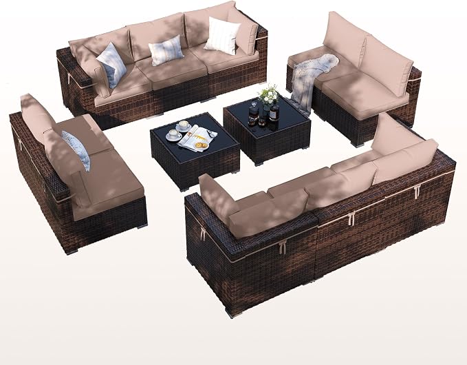 Patio Furniture Set, Modular 12-Piece Patio Conversation Sets with Coffee Table, All-Weather Wicker Outdoor Sectional for Backyard and Balcony, Grey (Waterproof Covers Included)