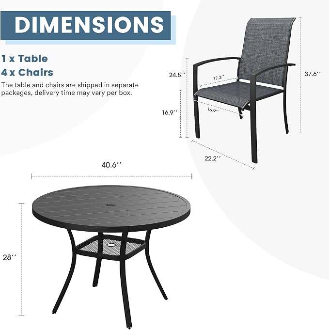 DIFY 5 Pieces Outdoor Dining Set for 4, 40.6" Round Dining Table with Umbrella Hole and Textilene Stackable Patio Chairs, Metal Patio Table and Chairs Set for Garden Backyard Poolside, Black
