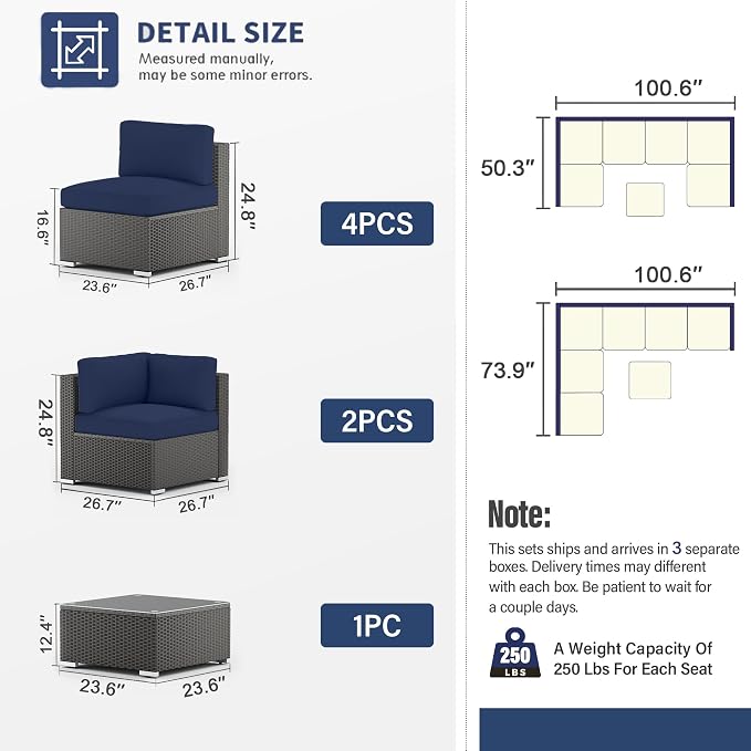 SUNCROWN 7-Piece Outdoor Patio Furniture Sofa Set All-Weather Wicker Sectional Conversation Set with Modern Glass Coffee Table and Cushions, Garden, Backyard, Deck,Dark Blue