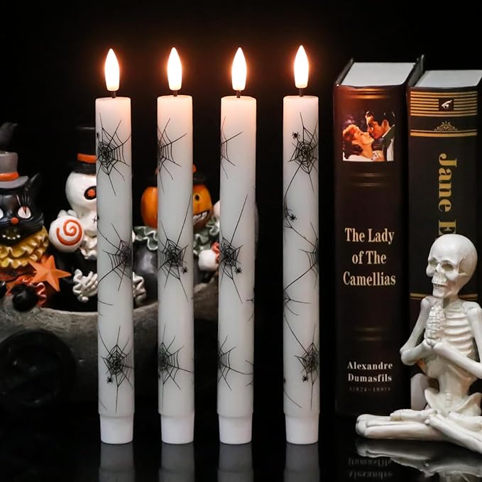 Eldnacele Halloween Flameless Taper Flickering Candles with Remote and Timer, Battery Operated Cobweb Decal Real Wax 3D Wick LED Candles White 4 Pack for Dinner Holiday Spooky Halloween Decor