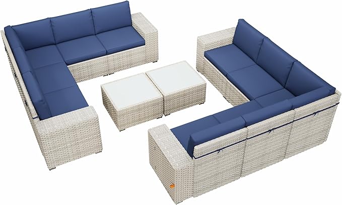 12 Piece Patio Furniture Set, 8" Wide Arm Sectional Sofa Set with Coffee Table, High-Back All-Weather Rattan Outdoor Conversation Set for Garden, Porch, Lawn, Blue