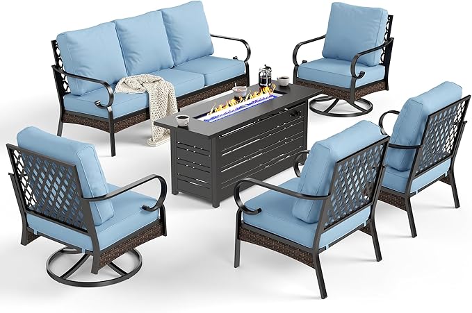 SUNSHINE VALLEY 6 Piece Black Metal Outdoor Patio Furniture Sets with Firepit Table, Patio Conversation Sets 1 3-Seater Sofa, 2 Leg Chair and 2 Swivel Chair with 5.75" Cushion for Backyard Deck, Blue