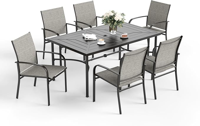 SUNSHINE VALLEY Patio Dining Set for 6, 64" Rectangular Metal Dining Table with Umbrella Hole and 6 Chairs, Outdoor Table and Chairs Set for Lawn Garden Backyard and Deck, Brown