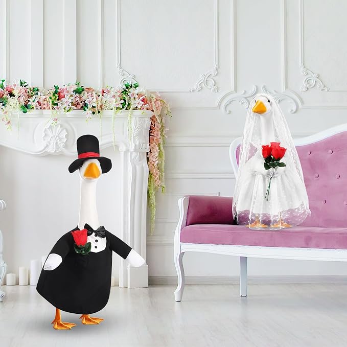Geyoga 2 Sets Wedding Porch Goose Outfits for 23'' Goose Couple Bridegroom Suit Blazer Bride Wedding Dresses Couple Costume(Flower Style)