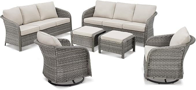 Belord 6 Pieces Patio Furniture Sets - All Weather Outdoor Swivel Rocker Patio Chairs with 3-Seat Sofa and Multifunctional Ottomans, Swivel Rocker Chairs for Garden Porch Deck Grey/Beige
