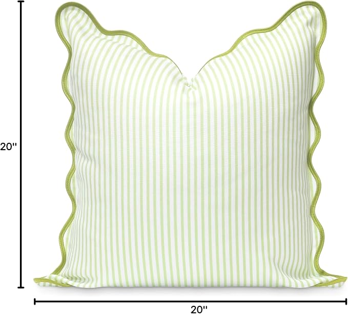 Hofdeco Premium Coastal Patio Indoor Outdoor Scalloped Throw Pillow Cover Only, 20"x20" Water Repellent for Backyard, Couch, Green Print Stripes A