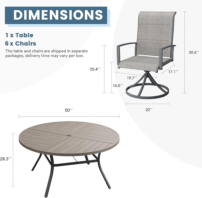 DIFY 7 Piece Outdoor Dining Set, Metal Patio Table and Chairs Set, 50" Grey Wood-Like Round Dining Table & 6 Grey Padded Textilene Swivel Patio Chairs, Outdoor Furniture Set for Garden Backyard