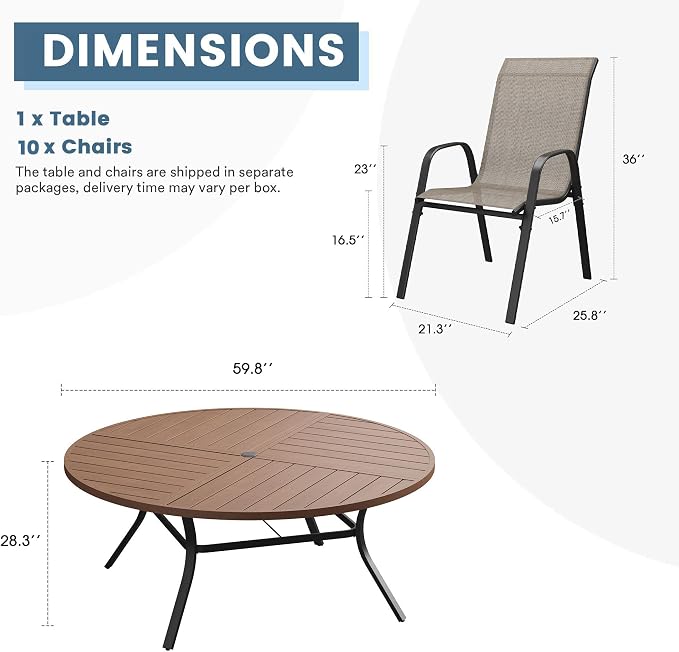 DIFY 11 Piece Outdoor Dining Set, 60" Walnut Round Metal Dining Table and Brown Textilene Stackable Patio Chairs, Patio Table and Chairs Set for 10 with Umbrella Hole for Backyard Garden Deck