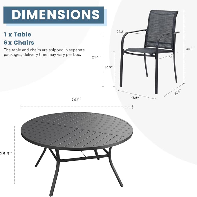 DIFY 7 Pieces Outdoor Patio Dining Set for 6, 50" Black Round Metal Dining Table and 6 Grey Stackable Textilene Patio Chairs, Outdoor Table and Chairs for Backyard Garden Poolside