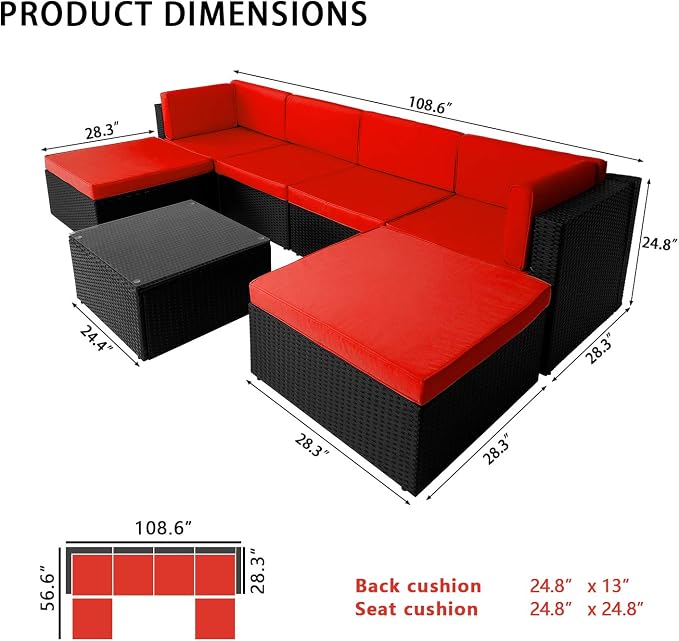VITESSE 7 Pieces Patio Furniture Sectional Sets, Outdoor All Weather PE Rattan Wicker Lawn Conversation Sets, Garden Sofa Set with Coffee Table and Washable Cushion, 7 Pieces, Red