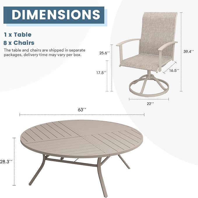 DIFY 9 Pieces Outdoor Dining Set, Metal Patio Table and Chairs Set for 8 with Umbrella Hole, 63" Round Outdoor Table and Textilene Swivel Patio Chairs for Garden, Backyard, Poolside, Sandshell