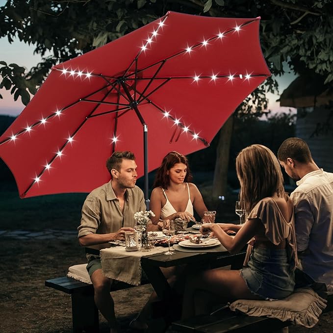 DUMOS LED Outdoor Patio Umbrella 10 FT UV-Resistant Market Umbrella with Tilt Adjustment & Crank Lift, All-Weather Shade for Backyard, Deck, Garden, Beach
