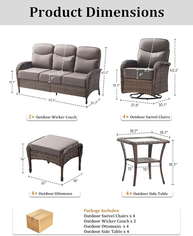 14-Piece Luxury Patio Furniture Set with 6-inch Thick Cushion,Outdoor Wicker Sofa Couch Set of 2 & Swivel Rocker Chairs, Conversation Set for Poolside, Deck & Yard - Gray