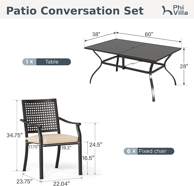 PHI VILLA Outdoor Dining Set for 6, 60" Metal Table & Chairs w/Cushions | 7 pcs black wrought iron furniture set w/ umbrella hole. All weather for patio, deck, yard, porch