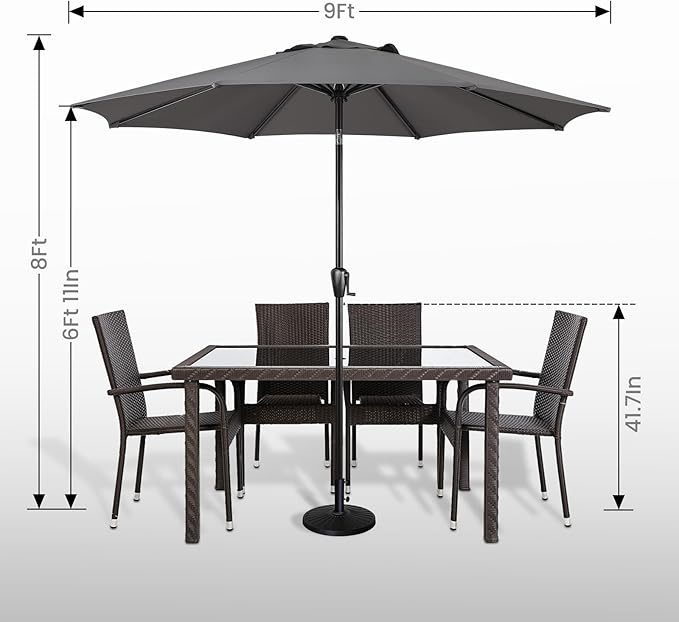 Sun-Ray 9' Round Patio Umbrella with Push-Button Tilt and Hand Crank Lift System, Market Umbrella for Porch, Deck, and Patio