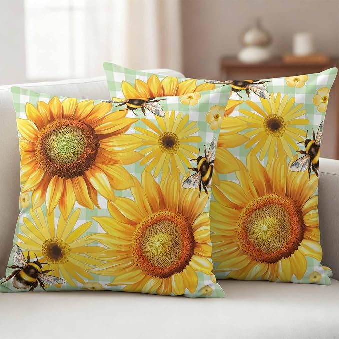 Outdoor Throw Pillow Covers,Pastoral Sunflower Bee Waterproof Decorative Pillowcases Cushion Cover Spring Daisy Floral Buffalo Plaid Pillow Cases for Patio Couch Sofa Bed,20x20in Set of 2