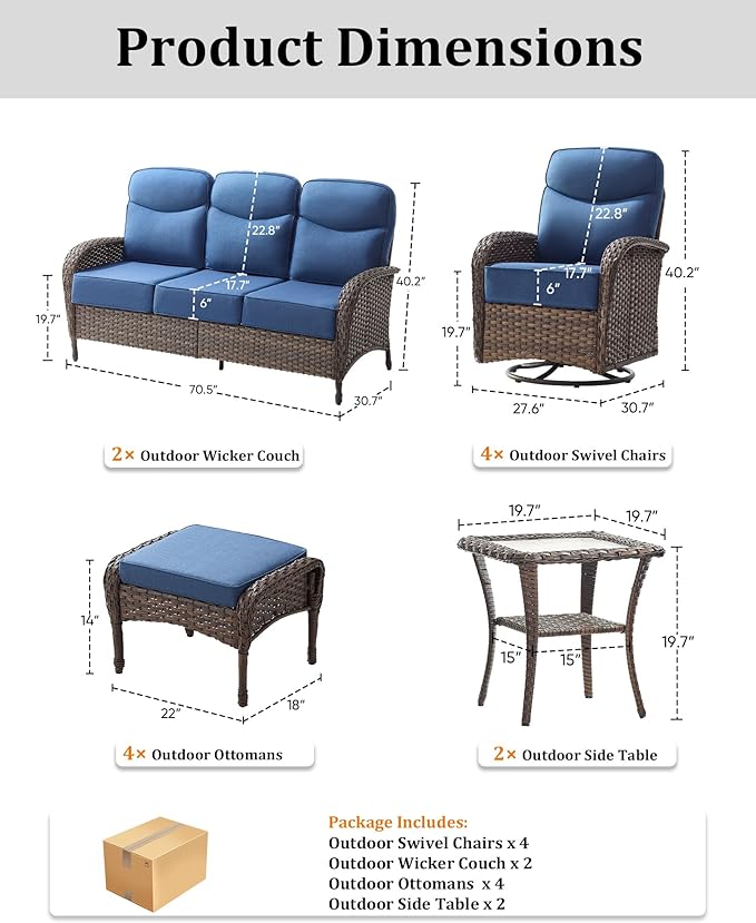12-Piece Luxury Patio Furniture Set with 6-inch Thick Cushion,Outdoor Wicker Sofa Couch Set of 2 & Swivel Rocker Chairs, Conversation Set for Poolside, Deck & Yard - Blue