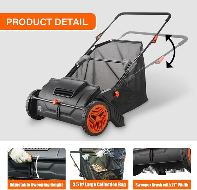 Push Lawn Sweeper, 21-inch Leaf & Grass Collector, Strong Rubber Wheels & Heavy Duty Thickened Steel Durable to Use with Large Capacity 3.5 cu. ft. Mesh Collection Hopper Bag, 2 Spinning Brushes