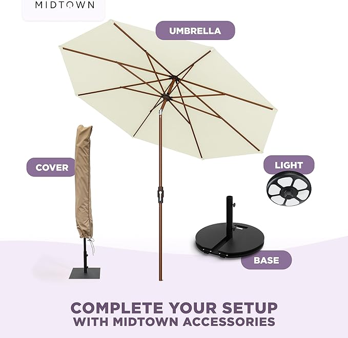 Midtown Umbrellas Wooden 2-8 Ft Patio Umbrella with 360° Swivel & Tilt Mechanism, 8 Fiberglass Ribs & Sunbrella Fabric - Outdoor Umbrella for Deck, Pool & Garden - Burgundy Canopy, Wooden Pole