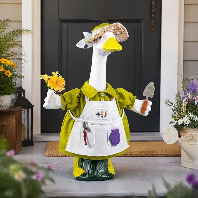 Spring Gardener Porch Goose Outfit for 23 Inch Plastic Cement Goose Statue, Goose Outfit Clothes with Hat, Felt Tools & Flower for Outdoor Garden Yard Patio Art Decor