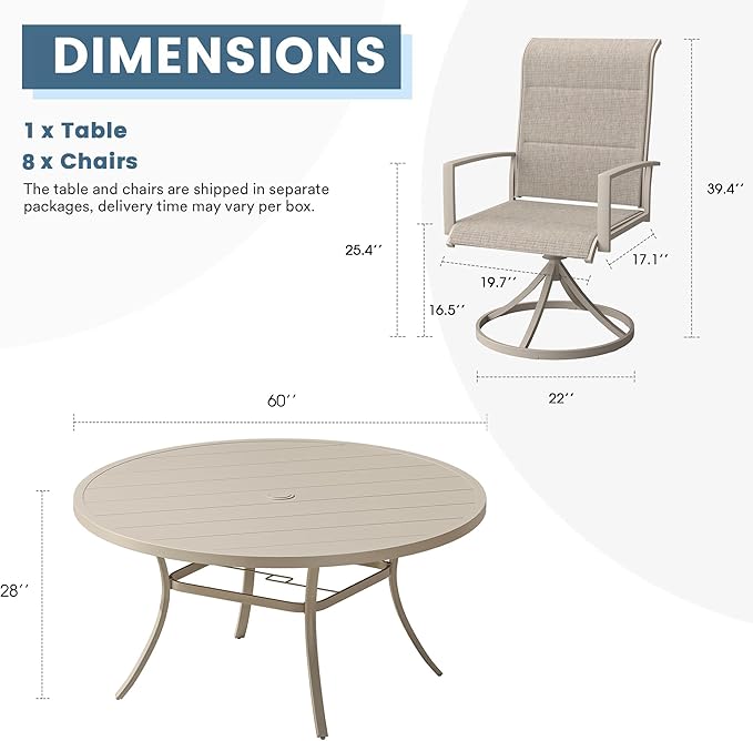 DIFY 9 Piece Outdoor Patio Dining Set for 8, 60" Round Metal Dining Table and Swivel Patio Chairs with Padded Textilene, All-Weather Outdoor Furniture Set for Garden Backyard Porch, Sandshell