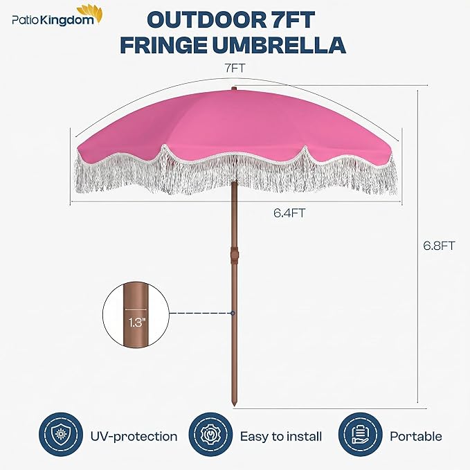 7ft Patio Umbrella with Fringe, Boho Beach Umbrellas, Outdoor Tassels Umbrellas with Push Button Tilt & Carrying Bag, 8 Windproof Fiberglass Ribs, UPF50+