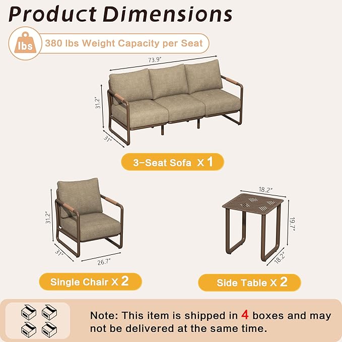 MBY Outdoor Aluminum Patio Furniture Set, 5-Seats Patio Conversation Sofa Set with 2 Coffee Tables and 6.7" Thickened Cushions, All Weather for Pool, Balcony, Garden-Brown