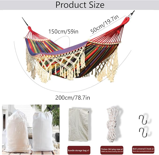 Handmade Cotton Woven Hammock, Balcony Hanging Rope Swing with Tassels, Portable Camping Double Boho Canvas Hammocks for Indoor Outdoor Patio Yard Garden(200x150cm/78.7x59in, Black)
