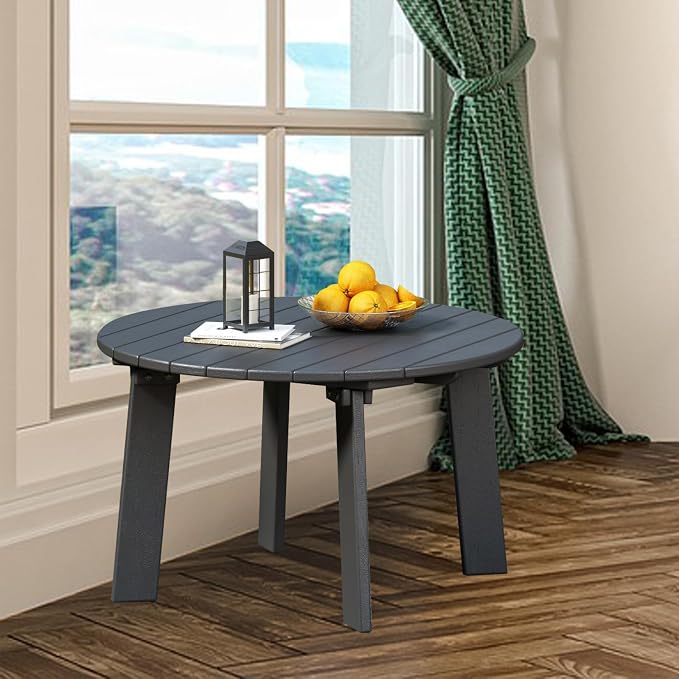 31.5" Outdoor Round Coffee Table, Adirondack Patio Coffee Table, Outdoor Large Side Table for Balcony Lawn (Grey)