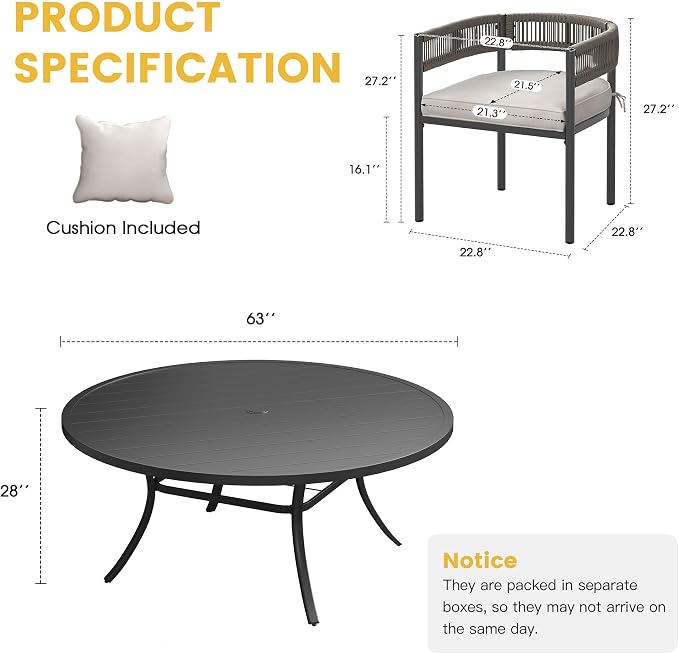 VICLLAX Patio Dining Set for 8-63" Round Table & Cushioned Seats, Black