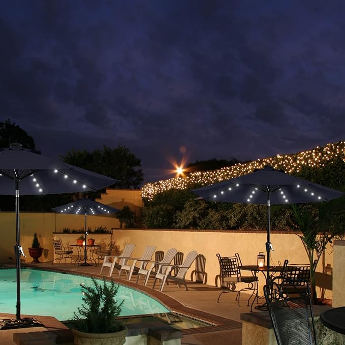 MASTERCANOPY 9FT 8Ribs Patio Umbrella with 32 Solar LED Lights, Outdoor Market Umbrella with Tilt & Crank, UV Protection & Fade Resistant Fabric, Easy Set-Up for Garden, Deck, Pool (Navy Blue)