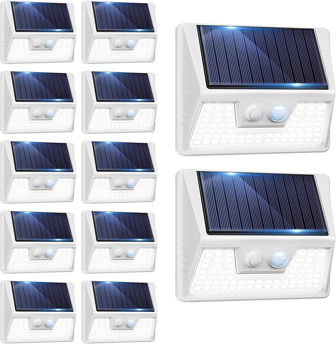 vighep 12Pack White Solar Lights Outdoor Motion Sensor, 6000K Cool Light/3 Lighting Modes, IP65 Waterproof Solar Powered Wall Lights Outside for Garden Fence Backyard Deck Driveway