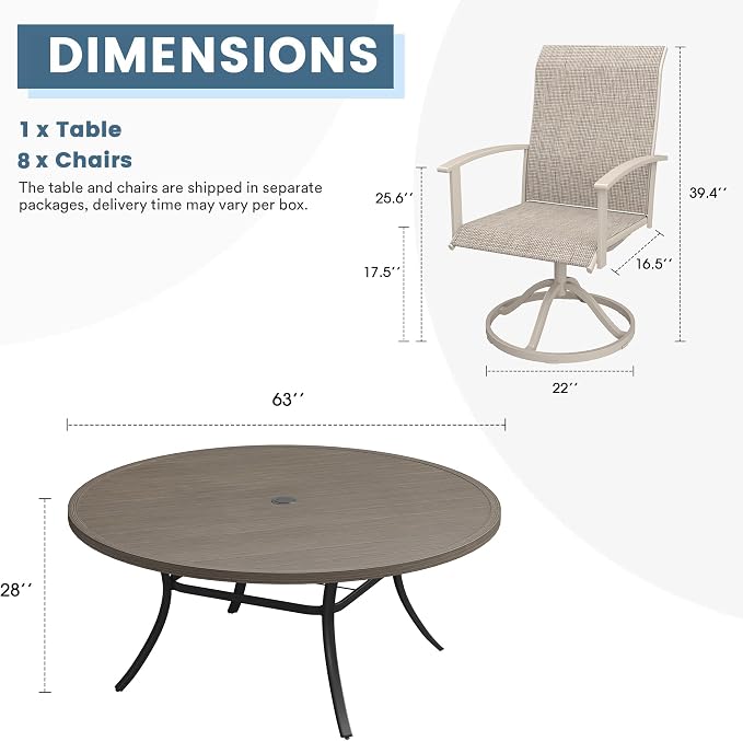 DIFY 9 Pieces Outdoor Dining Set for 8, 63" Grey Wood-Like Round Metal Table with Umbrella Hole and Sandshell Textilene Swivel Patio Chairs, Patio Table and Chairs Set for Garden, Backyard, Poolside