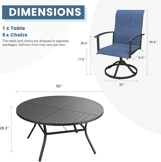 DIFY 7 Pieces Outdoor Dining Set, Metal Patio Table and Chairs Set for 6 with Umbrella Hole, 50" Black Round Table and Blue Textilene Swivel Patio Chairs for Garden, Backyard, Poolside