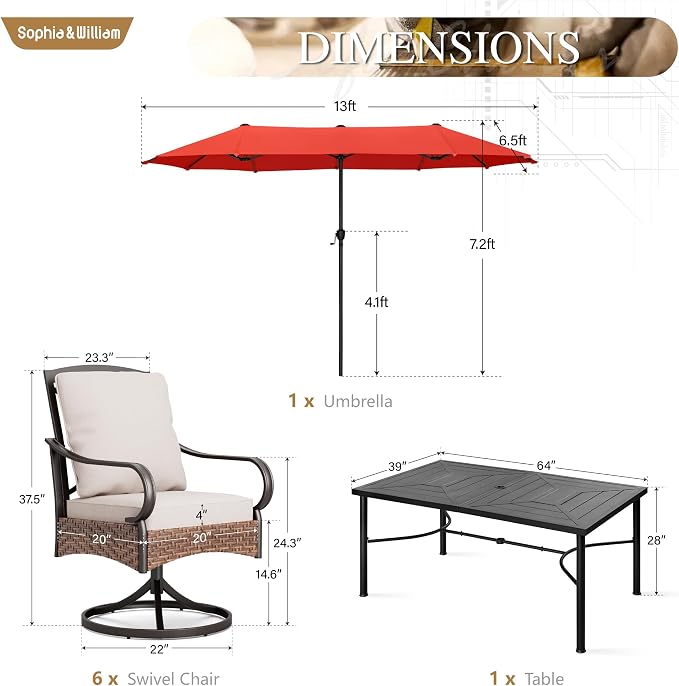 Sophia & William Patio Set with Umbrella 8 Piece Outdoor Dining Set for 6 with 13ft Double-Sided Patio Red Umbrella, 6 x Swivel Patio Chairs, 1 Rectangular Dining Table for Lawn Garden