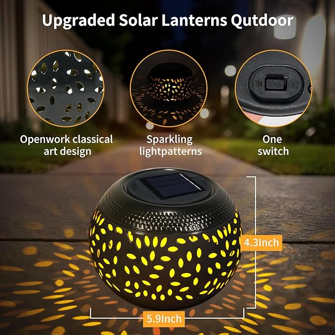 Solar Table Light Waterproof Outdoor & Indoor Lantern - Black Metal Retro Hollowed-Out Flickering Flame Tabletop Lights for Desk/Bedroom/Patio/Garden, Solar Powered Lamp Pathway Yard Garden Decor