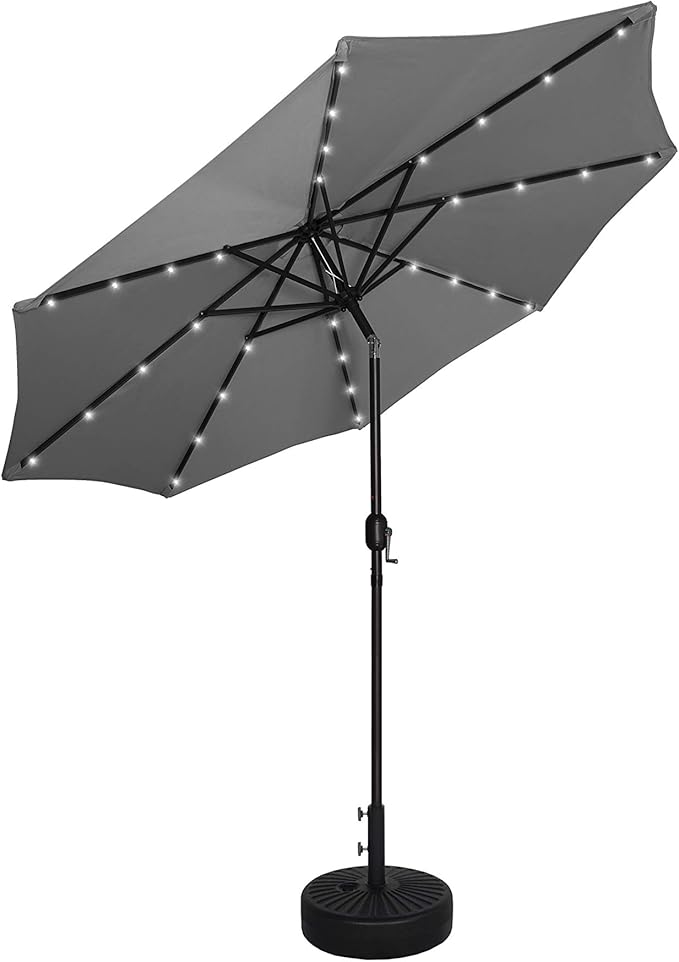 WO Home Furniture 9 Ft Patio Solar Power LED Lights Market Umbrella with Black Color Round Free Standing Weight Base kit, Gray