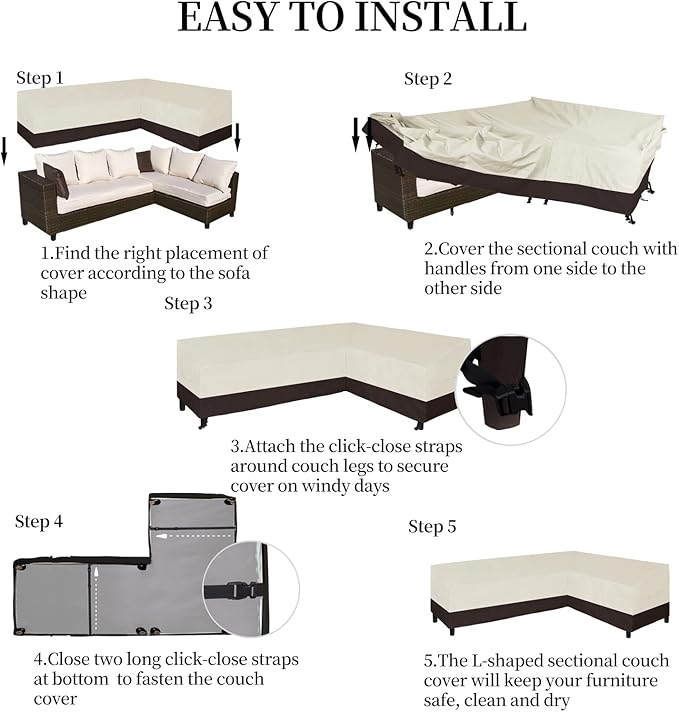 Easy-Going Patio L-Shaped Sectional Sofa Cover, Waterproof Outdoor Sectional Cover, Heavy Duty Garden Furniture Cover with Air Vent (Left Facing, Beige/Dark Brown)