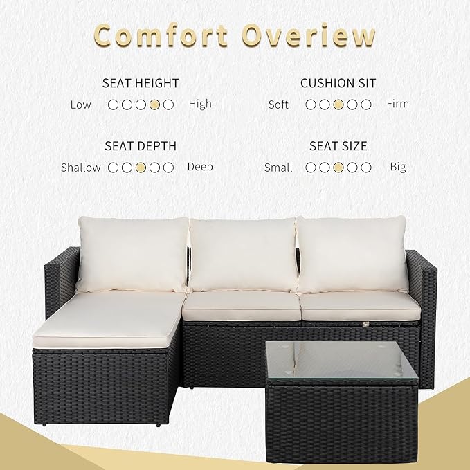 JAMFLY Beige 3-Piece Patio Furniture with Glass Coffee Table for Balcony | All-Weather PE Wicker, Thick Washable Cushions, Modular Conversation Seating for Porch, Deck & Garden