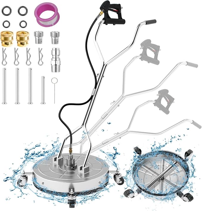 24" Pressure Washer Surface Cleaner with 304 Industrial-Grade Stainless Steel Housing, Dual Handle, Driveway Pressure Washer Attachment, 2 Replacement Nozzles, for Concrete, Sidewalk, Deck, 4000 PSI