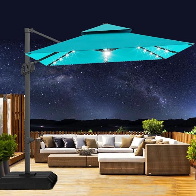 10x10 ft Double Roof Square Cantilever Patio Umbrella with Solar LED Lights & Cross Base – 360° Rotation, Heavy-Duty Sun Shade with Easy Tilt for Backyard, Poolside, and Garden Use, Navy Blue