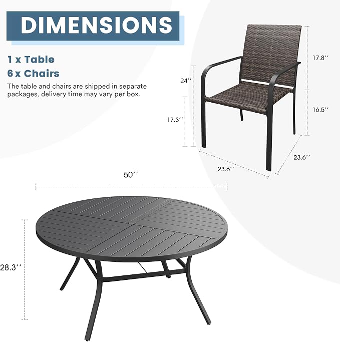 DIFY 7 Piece Outdoor Dining Set for 6, 50" Black Round Metal Dining Table with Umbrella Hole and Stackable Wicker Patio Chairs, All-Weather Patio Table and Chairs Set for Deck Garden Backyard