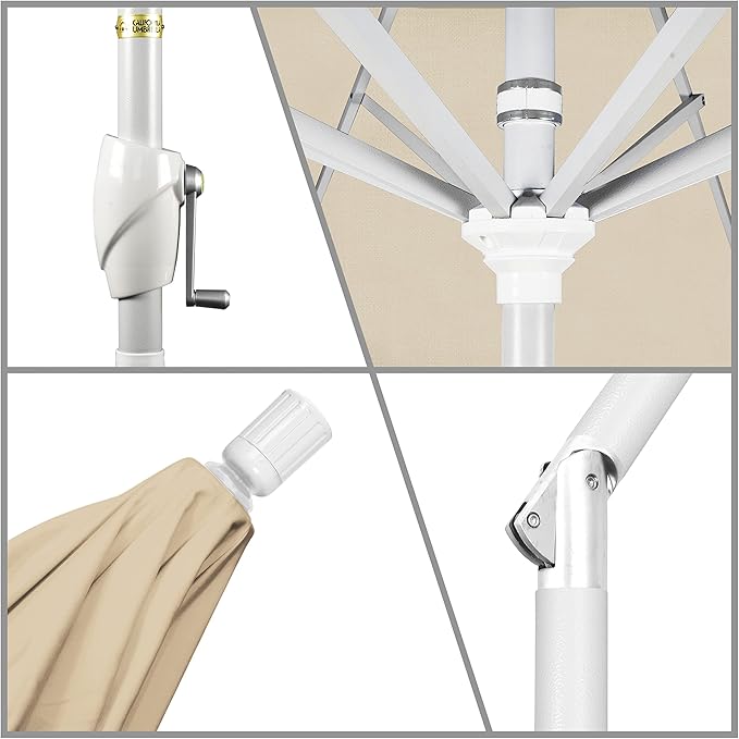 California Umbrella 9' Round Aluminum Market Umbrella, Crank Lift, Push Button Tilt, White Pole, Cilantro