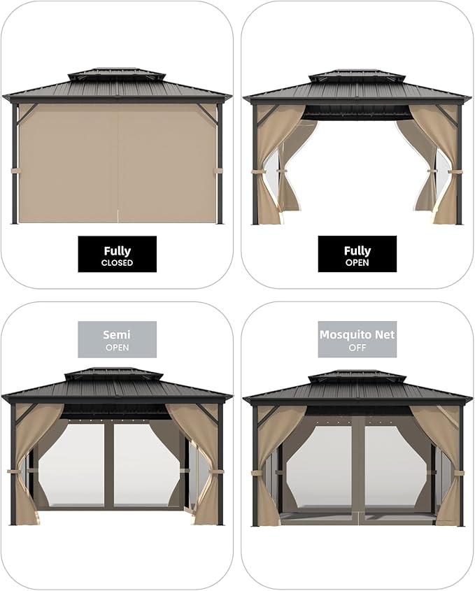 GarveeLife 12 ft x14 ft Hardtop Gazebo for All Weather, with Double Metal Roof, Aluminum Alloy Frame, Net, and Curtain, Permanent Building for Patio, Deck, Backyard, Lawn, and Garden, Khaki