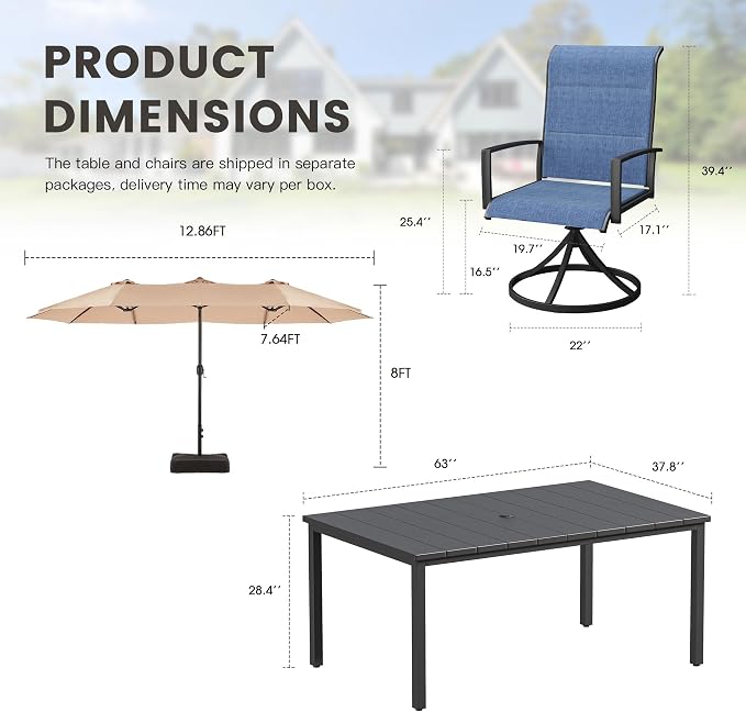 Outdoor Dining Set for 6, 8 Pieces Patio Table and Chairs Set with Umbrella, 63" Outdoor Dining Table and Padded Textilene Patio Swivel Chairs for Garden Backyard, Dark Blue and Black