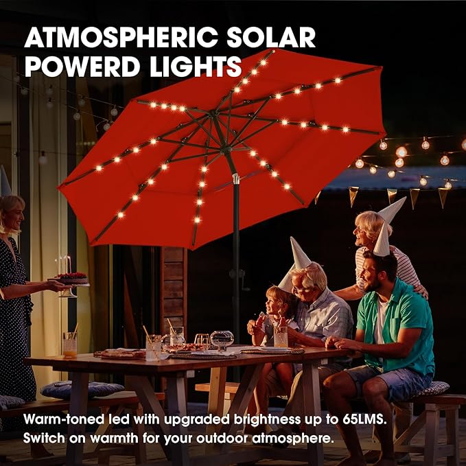 wikiwiki 9FT 3Tiers Solar Led Patio Umbrella, Sturdy Outdoor Market Umbrella for Deck, Pool, Garden w/Tilt, Crank, 32 LED Lights, Red