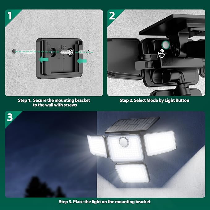 3000LM Solar Lights Outdoor, 4 Adjustable Heads Motion Sensor Security Light, 3 Modes, 6500K, IP65 Waterproof Solar Wall Flood Lights for Garden, Outside, Backyard, 3 Pack